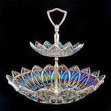 Load image into Gallery viewer, An outstanding and hard to find vintage two-tiered clear pressed glass iridescent &quot;Petal&quot; tidbit serving tray featuring a decorative silver toned metal stem plus D-shaped handle. This piece is simply elegant. Crafted by the Federal Glass Company, USA, circa 1960s. This tidbit tray would look stunning on any dessert table, use for high tea service or fill with Christmas ornaments for a beautiful holiday display! 
