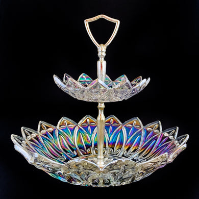 An outstanding and hard to find vintage two-tiered clear pressed glass iridescent 