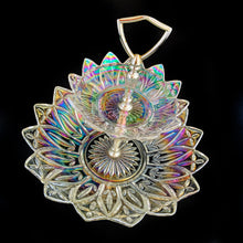 Load image into Gallery viewer, An outstanding and hard to find vintage two-tiered clear pressed glass iridescent &quot;Petal&quot; tidbit serving tray featuring a decorative silver toned metal stem plus D-shaped handle. This piece is simply elegant. Crafted by the Federal Glass Company, USA, circa 1960s. This tidbit tray would look stunning on any dessert table, use for high tea service or fill with Christmas ornaments for a beautiful holiday display! 
