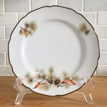 Load image into Gallery viewer, Charming vintage Pine Tree dinnerware tableware featuring pine boughs, cones and leaves in shades of green, orange and yellow with gold gilt trim. Craft by Fine Translucent China, Japan, 1960s. Eight Inch Salad Plate
