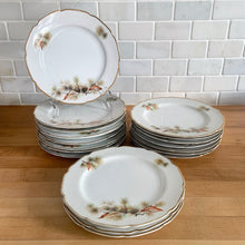 Load image into Gallery viewer, Charming vintage Pine Tree dinnerware tableware featuring pine boughs, cones and leaves in shades of green, orange and yellow with gold gilt trim. Craft by Fine Translucent China, Japan, 1960s. Eight Inch Salad Plate
