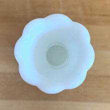 Load image into Gallery viewer, A very popular piece, this vintage milk glass bud vase has distinct pineapple shape with diamond and fluted details finished with a scalloped edge. Crafted by Anchor Hocking, USA, 1960s. Create a show stopping flower arrangement in this elegant white vase. A perfect addition to your cottage, farmhouse or wedding decor.

In excellent condition, no chips.

Measures 9 inches
