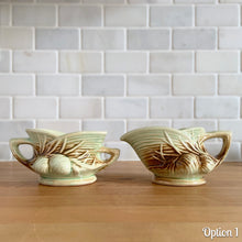 Load image into Gallery viewer, Striking vintage gloss glazed Pinecone sugar and creamer in shades of green and brown. Crafted by McCoy Pottery, 1946. Complete your tea set with this rare set, a must for any McCoy art pottery collector. Makes a nice complement to your Christmas, cottage or lodge decor!

Option 1: Creamer measures 5 5/8 x 3 1/4 x 2 7/8 inches. Sugar measures 5 1/2 x 3 3/8 x 2 3/4 inches. In excellent condition, no chips/cracks/repairs, age-related crazing. Maker&#39;s mark.
