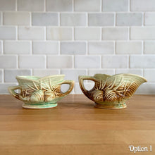 Load image into Gallery viewer, Striking vintage gloss glazed Pinecone sugar and creamer in shades of green and brown. Crafted by McCoy Pottery, 1946. Complete your tea set with this rare set, a must for any McCoy art pottery collector. Makes a nice complement to your Christmas, cottage or lodge decor!

Option 1: Creamer measures 5 5/8 x 3 1/4 x 2 7/8 inches. Sugar measures 5 1/2 x 3 3/8 x 2 3/4 inches. In excellent condition, no chips/cracks/repairs, age-related crazing. Maker&#39;s mark.
