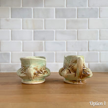 Load image into Gallery viewer, Striking vintage gloss glazed Pinecone sugar and creamer in shades of green and brown. Crafted by McCoy Pottery, 1946. Complete your tea set with this rare set, a must for any McCoy art pottery collector. Makes a nice complement to your Christmas, cottage or lodge decor!

Option 1: Creamer measures 5 5/8 x 3 1/4 x 2 7/8 inches. Sugar measures 5 1/2 x 3 3/8 x 2 3/4 inches. In excellent condition, no chips/cracks/repairs, age-related crazing. Maker&#39;s mark.
