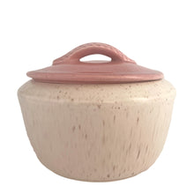 Load image into Gallery viewer, Vintage mid-century pink-on-pink splatter glazed ceramic dish with decorative leaf-handled lid, shape L44. While this would have been centrepiece to a lazy susan set, it still works as a great standalone piece. Crafted by California Pottery, USA, circa 1950s. Perfect for chili, soup and casseroles.&nbsp;  In excellent condition, no chips/cracks/repairs.  Measures 6 3/4 x 5 1/4 inches
