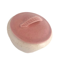 Load image into Gallery viewer, Vintage mid-century pink-on-pink splatter glazed ceramic dish with decorative leaf-handled lid, shape L44. While this would have been centrepiece to a lazy susan set, it still works as a great standalone piece. Crafted by California Pottery, USA, circa 1950s. Perfect for chili, soup and casseroles.&nbsp;  In excellent condition, no chips/cracks/repairs.  Measures 6 3/4 x 5 1/4 inches
