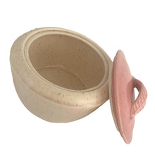 Load image into Gallery viewer, Vintage mid-century pink-on-pink splatter glazed ceramic dish with decorative leaf-handled lid, shape L44. While this would have been centrepiece to a lazy susan set, it still works as a great standalone piece. Crafted by California Pottery, USA, circa 1950s. Perfect for chili, soup and casseroles.&nbsp;  In excellent condition, no chips/cracks/repairs.  Measures 6 3/4 x 5 1/4 inches
