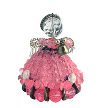 Load image into Gallery viewer, Sweet vintage handmade safety pin angel with transparent pink and clear beads, brass toned pins, halo, bell, lacey wings and white flowers. The perfect addition to your angel collection and Christmas decor.  In excellent condition.  Measures 2 1/2 x 3 1/4 inches
