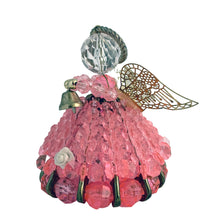 Load image into Gallery viewer, Sweet vintage handmade safety pin angel with transparent pink and clear beads, brass toned pins, halo, bell, lacey wings and white flowers. The perfect addition to your angel collection and Christmas decor.  In excellent condition.  Measures 2 1/2 x 3 1/4 inches
