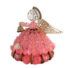 Load image into Gallery viewer, Sweet vintage handmade safety pin angel with transparent pink and clear beads, brass toned pins, halo, bell, lacey wings and white flowers. The perfect addition to your angel collection and Christmas decor.  In excellent condition.  Measures 2 1/2 x 3 1/4 inches
