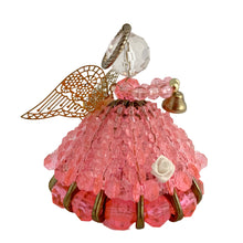 Load image into Gallery viewer, Sweet vintage handmade safety pin angel with transparent pink and clear beads, brass toned pins, halo, bell, lacey wings and white flowers. The perfect addition to your angel collection and Christmas decor.  In excellent condition.  Measures 2 1/2 x 3 1/4 inches
