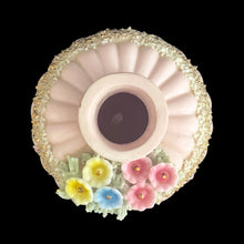 Load image into Gallery viewer, Vintage mid-century pink double pointed ceramic vanity perfume bottle featuring figural flowers and gold spaghetti. Made in Japan. As pretty addition to any bath or bedroom vanity!

In excellent condition, no chips. Marked Japan.

Measures 3 1/4 x 5 1/2
