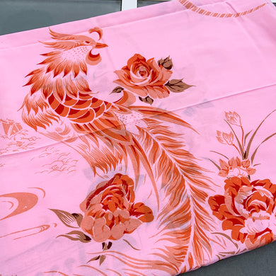 We are suckers for gorgeous linens and this piece does not disappoint! This strikingly unique vintage Barbie pink linen tablecloth features a printed pattern of roses and Chinoiserie river scenes and pagodas in shades of orange, brown and ochre . A conversation piece for your table!~  This piece is new old stock and does not appear to have been used to laundered and is in excellent condition.  Measures 52 x 85 inches   