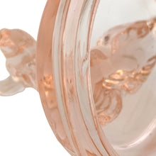 Load image into Gallery viewer, Vintage Jeannette Glass pink depression glass powder jar with lid, detail view of chip to the lids interior rim
