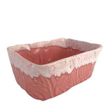 Load image into Gallery viewer, This adorable vintage pink drip glazed rectangular planter has a beautiful botanical motif. Crafted by UPCO, USA, 1960s. The sweetest home for your succulents or repurpose as a catchall.

In excellent condition, no chips, cracks or repairs. Marked.

Measures 6 x 4 x 2 3/4 inches
