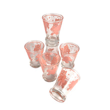 Load image into Gallery viewer, Hard to find delightful vintage &quot;Pink Elephant&quot; cocktail shaker with chrome ribbed dome lid and six whiskey glasses decorated with playful pink elephants. Crafted by Hazel-Atlas Glass, USA, circa 1940/50s. This set was extremely well-cared for by the previous owner and we are thrilled to offer it to our customers. This whimsical barware will add a ton of fun to your cocktail party!
