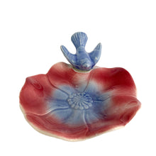 Load image into Gallery viewer, Vintage Royal Copley ceramic trinket dish features a figural pink and blue poppy flower with a bluebird perched on the scalloped rim. Crafted by the Spaulding China Company, USA, 1939 - 1960. Perfect for trinkets or use as a soap dish.  In excellent condition, free from chips/cracks/repairs.  Measures 5 3/4 x 5 3/4 inches
