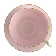 Load image into Gallery viewer, Stunning vintage teacup and saucer decorated with a pale shell pink interior features a bouquet of colourful flowers on the cup's exterior and centre of saucer, gold gilt scalloped rim. Crafted by The Paragon China Company, England, circa 1950s. A beautiful addition to your teacup and tableware collection!
