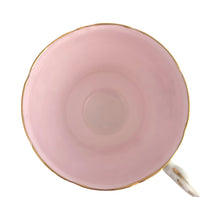 Load image into Gallery viewer, Stunning vintage teacup and saucer decorated with a pale shell pink interior features a bouquet of colourful flowers on the cup's exterior and centre of saucer, gold gilt scalloped rim. Crafted by The Paragon China Company, England, circa 1950s. A beautiful addition to your teacup and tableware collection!
