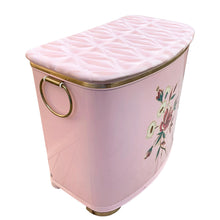 Load image into Gallery viewer, Side profile of vintage pink floral metal laundry hamper by Detecto sjpwomg brass toned trim, round handles and feet
