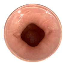 Load image into Gallery viewer, Beautiful vintage gloss pink ribbed trumpet vase with handles and embossed tassel. Crafted by McCoy Pottery, 1940s. This vase is must for any art pottery collector!

In excellent vintage condition, no chips/cracks/repairs, with age-related crazing. Maker&#39;s mark on the bottom.

Measures 6 x 4 3/8 x 8 1/4 inches
