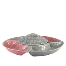 Load image into Gallery viewer, This versatile vintage ceramic Lazy Susan snack serving tray set includes four sections in pink or gray and a central lidded bowl in gray featuring beautifully embossed oak leaves. Crafted by California Pottery, USA, circa 1950s. Add some fabulous mid-century style to your tableware!  In good vintage condition, with one minor chip to the underside of one of the pink sections. Marked with script initials L G.  Overall measures 11 3/4 x 3 1/2 inches   
