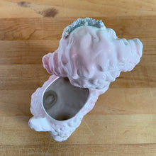 Load image into Gallery viewer, Adorable mid-century hand painted ceramic anthropomorphic happy lamb planter (4318) in pink with a yellow bow with spaghetti details. Produced by Relpo, Japan, 1961 for Samson Imports. The epitome of kitschy nursery decor and a great little vessel for a houseplant, succulent or to hold baby accessories.  In excellent condition, no chips/cracks/repairs. Marked on the bottom, ©Samson Import Co. 1961, 4318&quot;.  Measures 5 x 3 1/2 x 5 5/8 inches
