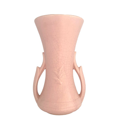 Exceptionally beautiful vintage matte pink art deco trumpet vase, with leaf handles. Crafted by McCoy Pottery, 1940s. This rare vase must for any art pottery collector!

In excellent vintage condition, no chips/crack/repairs with age-related crazing. Maker's mark on the bottom.

Measures 4 3/4 x 4 1/2 x 8 3/8 inches