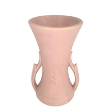 Load image into Gallery viewer, Exceptionally beautiful vintage matte pink art deco trumpet vase, with leaf handles. Crafted by McCoy Pottery, 1940s. This rare vase must for any art pottery collector!

In excellent vintage condition, no chips/crack/repairs with age-related crazing. Maker&#39;s mark on the bottom.

Measures 4 3/4 x 4 1/2 x 8 3/8 inches
