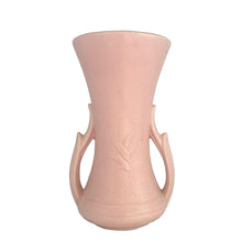Load image into Gallery viewer, Exceptionally beautiful vintage matte pink art deco trumpet vase, with leaf handles. Crafted by McCoy Pottery, 1940s. This rare vase must for any art pottery collector!

In excellent vintage condition, no chips/crack/repairs with age-related crazing. Maker&#39;s mark on the bottom.

Measures 4 3/4 x 4 1/2 x 8 3/8 inches
