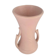 Load image into Gallery viewer, Exceptionally beautiful vintage matte pink art deco trumpet vase, with leaf handles. Crafted by McCoy Pottery, 1940s. This rare vase must for any art pottery collector!

In excellent vintage condition, no chips/crack/repairs with age-related crazing. Maker&#39;s mark on the bottom.

Measures 4 3/4 x 4 1/2 x 8 3/8 inches
