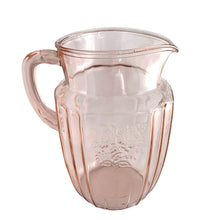 Load image into Gallery viewer, Side view of 1931-37 Anchor Hocking Mayfair pink depression glass pitcher showing handle and vertical ribbing, 60 ounce capacity
