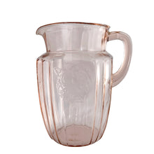 Load image into Gallery viewer, Side view of 1931-37 Anchor Hocking Mayfair pink depression glass pitcher showing handle and vertical ribbing, 60 ounce capacity
