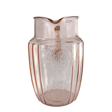 Load image into Gallery viewer, Front view of vintage Anchor Hocking Mayfair pink depression glass 60oz pitcher showing open rose motif and vertical ribbed design
