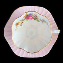 Load image into Gallery viewer, Overhead view of pale pink rose and colourful floral pattern on EB Foley 1850 bone china tea cup and saucer, Pattern 3627
