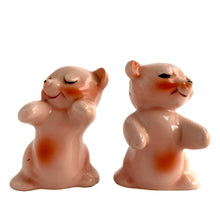 Load image into Gallery viewer, Vintage hand painted pink Snuggle Hugs hugging bears salt and pepper shakers. Designed by Ruth Van Tellinger, USA, 1940s. Add these adorable kitschy shakers to your collection!

In excellent condition, no chips/cracks/repairs. Impressed maker&#39;s mark.

Measures 2 3/8 x 2 3/4 x 3 3/8 inches
