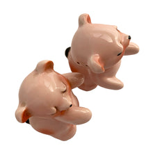 Load image into Gallery viewer, Vintage hand painted pink Snuggle Hugs hugging bears salt and pepper shakers. Designed by Ruth Van Tellinger, USA, 1940s. Add these adorable kitschy shakers to your collection!

In excellent condition, no chips/cracks/repairs. Impressed maker&#39;s mark.

Measures 2 3/8 x 2 3/4 x 3 3/8 inches

