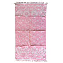 Load image into Gallery viewer, Vintage Royal Family pink and white floral reversible cotton terrycloth bath towel with fringed edge. Crafted by Cannon, USA, 1970s. A lovely addition to your bath collection.

In excellent condition, no tears/stains. Appears unused.

Measures 24/12 x 44 1/2 inches
