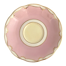 Load image into Gallery viewer, This vintage bone china footed teacup and saucer is so sweet! This teacup and saucer in the Malvern shape are hand painted in pink and pale yellow with a stylized gold git border. Produced by Royal Albert, England, circa 1960s. A lovely addition to your tableware or collection.  In excellent condition, no chips/cracks/repairs. Maker&#39;s marks on each piece. Teacup measures 3 1/2 x 2 5/8 inches. Saucer measures 5 1/2 inches
