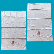 Load image into Gallery viewer, Jacks Daughter of All Trades Vintage Antique Mid-Century Kitsch Store Shop Reseller Etsy Shopify Toronto Canada Free Porch Pick Up Local Delivery Worldwide Shipping Judy Weinberg Unique Housewarming Gift Sustainable Gift Wedding Gift Home Decor Collectible Collector Gift Farmhouse Cottagecore Cottage Lodge Shabby Chic white cotton pillowcases cross stitch embroidered florals pink yellow green brown
