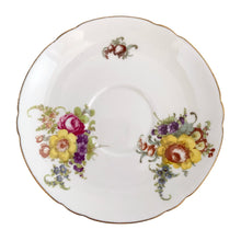 Load image into Gallery viewer, Vintage white bone china Oleander shaped teacup and saucer, featuring pink and yellow cabbage roses along with country flowers, trimmed with gold gilt. Crafted by Shelley, England, 1938 - 1966. Makes a beautiful gift or addition to your collection!
