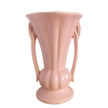 Load image into Gallery viewer, Beautiful vintage matte pink classically shaped handled trumpet vase. Crafted by McCoy Pottery, 1940s. This vase is must for any art pottery collector!

In excellent vintage condition, no chips, no cracks, no repairs. Maker&#39;s mark on the bottom.

Measures 6 1/4 x 9 1/4 inches
