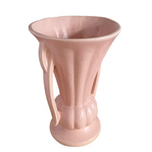 Load image into Gallery viewer, Beautiful vintage matte pink classically shaped handled trumpet vase. Crafted by McCoy Pottery, 1940s. This vase is must for any art pottery collector!

In excellent vintage condition, no chips, no cracks, no repairs. Maker&#39;s mark on the bottom.

Measures 6 1/4 x 9 1/4 inches
