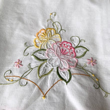 Load image into Gallery viewer, Jacks Daughter of All Trades Vintage Retro Store Shop Reseller Etsy Shopify Toronto Canada Free Porch Pick Up Local Delivery Worldwide Shipping Judy Weinberg Unique Gift Home Decor Farmhouse Cottagecore Cottage Feminine Shabby Chic Bedroom white cotton pillowcases embroidered pink yellow roses green leaves cutwork pink scalloped edge
