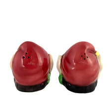 Load image into Gallery viewer, Vintage mid-century hand painted ceramic pixie elf salt and pepper shakers. These Christmas themed shakers are nicely painted in red, green, white black and yellow. Crafted by Lefton, Japan, 1950s. These highly collectible kitschy shakers are the perfect accent for your Christmas holiday decor!

The shakers are in excellent condition, no chips/cracks/repairs. One is missing the cork. Marked 6981 Japan.

Shakers measures approximately 2 3/4 x 2 1/4 x 3 inches
