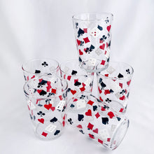Load image into Gallery viewer, Vintage mid-century whiskey glass tumblers featuring playing card suits in red and black with white dice. Perfect for cocktails at your next Poker game!

In excellent condition, no chips or wear.

Measures 2 3/4 x 3 13/16 inches

Capacity 7 ounces
