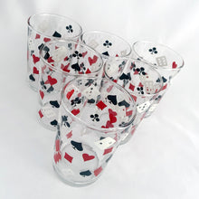 Load image into Gallery viewer, Vintage mid-century whiskey glass tumblers featuring playing card suits in red and black with white dice. Perfect for cocktails at your next Poker game!

In excellent condition, no chips or wear.

Measures 2 3/4 x 3 13/16 inches

Capacity 7 ounces
