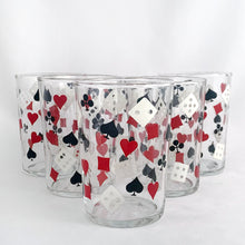 Load image into Gallery viewer, Vintage mid-century whiskey glass tumblers featuring playing card suits in red and black with white dice. Perfect for cocktails at your next Poker game!

In excellent condition, no chips or wear.

Measures 2 3/4 x 3 13/16 inches

Capacity 7 ounces
