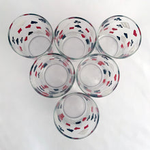 Load image into Gallery viewer, Vintage mid-century whiskey glass tumblers featuring playing card suits in red and black with white dice. Perfect for cocktails at your next Poker game!

In excellent condition, no chips or wear.

Measures 2 3/4 x 3 13/16 inches

Capacity 7 ounces
